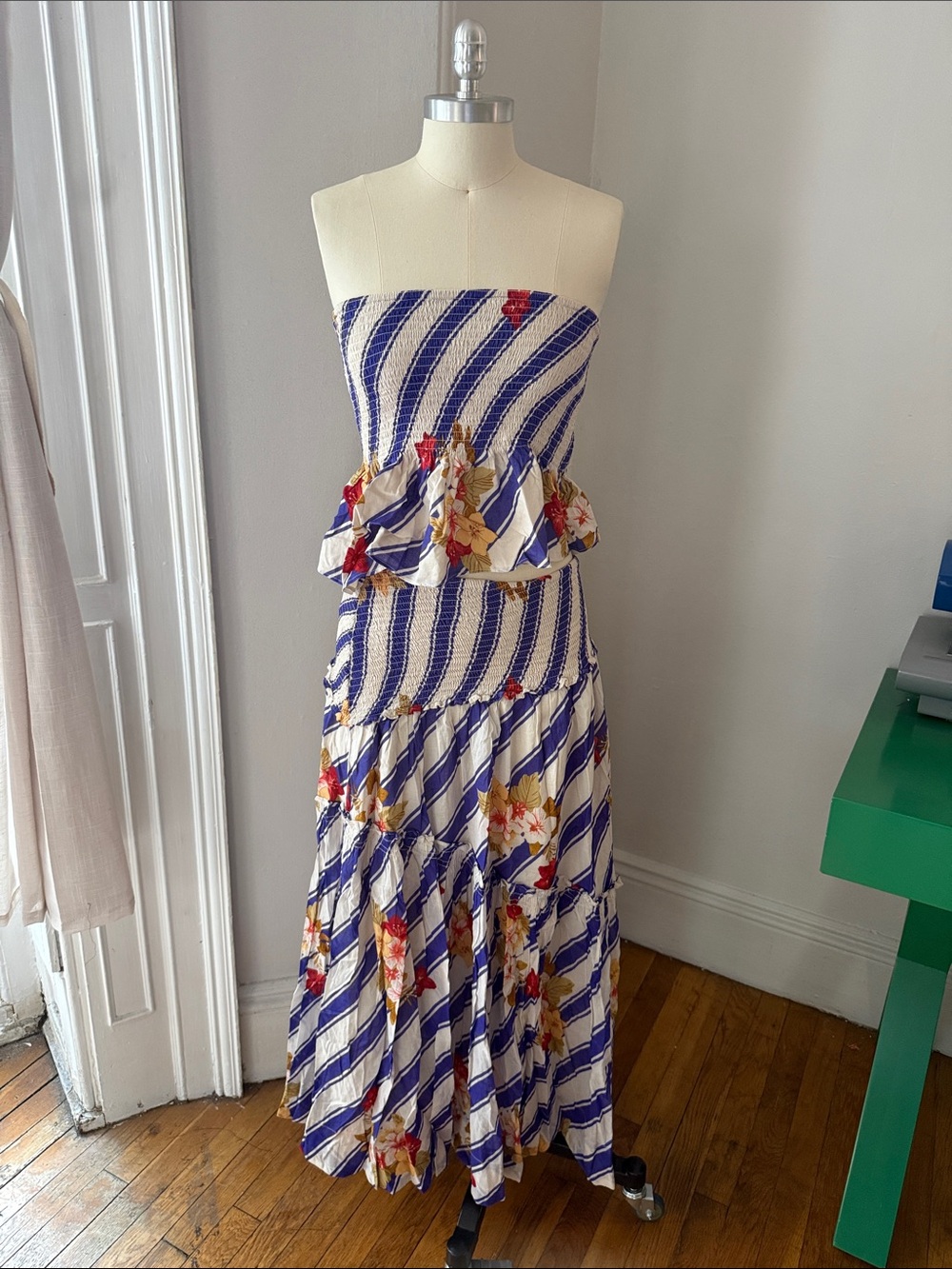 Free People- Blue & White Striped Floral Strapless Maxi Dress